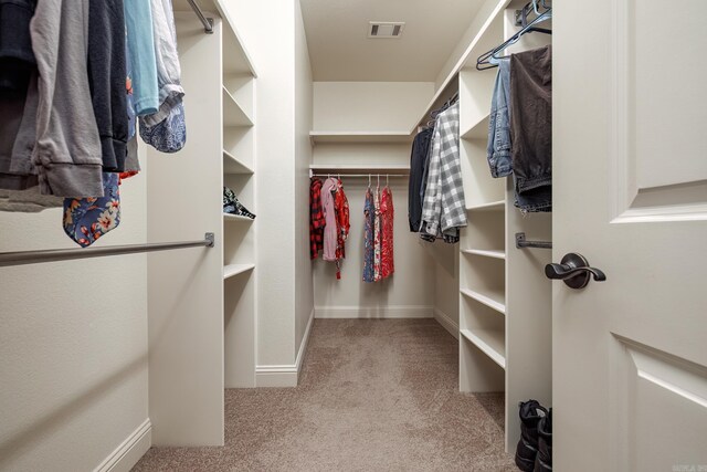 spacious closet featuring light colored carpet