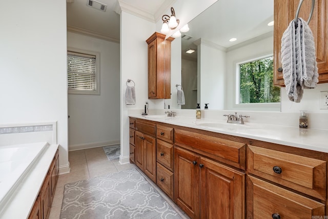 bathroom featuring crown molding, a tub to relax in, dual vanity, and tile patterned flooring