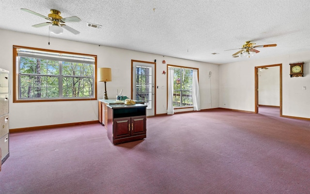 unfurnished room featuring ceiling fan, carpet, and a textured ceiling