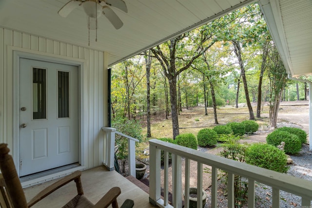 balcony featuring ceiling fan and covered porch