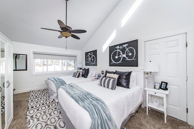 carpeted bedroom featuring ceiling fan and high vaulted ceiling