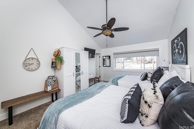 bedroom with high vaulted ceiling, carpet flooring, and ceiling fan