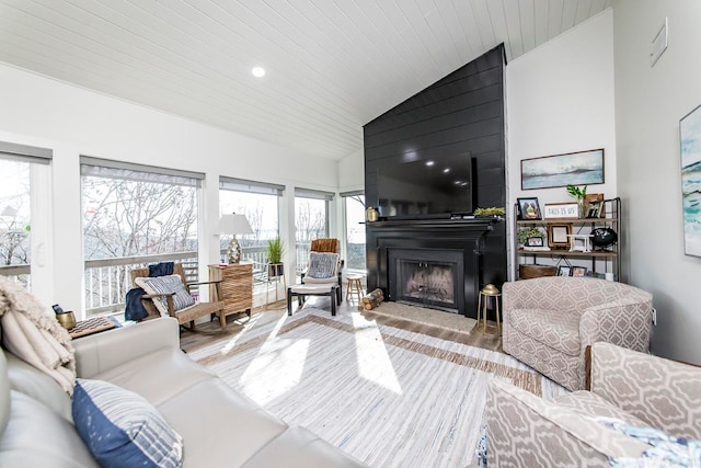 living room featuring high vaulted ceiling and hardwood / wood-style flooring