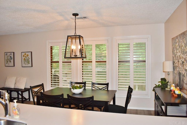 dining area featuring wood-type flooring, a wealth of natural light, a textured ceiling, and sink