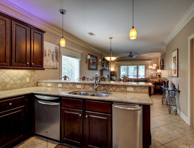 kitchen with ceiling fan, sink, stainless steel dishwasher, and light tile patterned floors