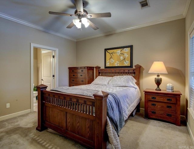 bedroom with ceiling fan, ornamental molding, and light carpet