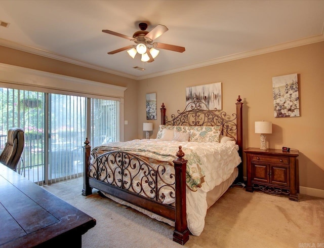 carpeted bedroom featuring ceiling fan, access to exterior, and ornamental molding