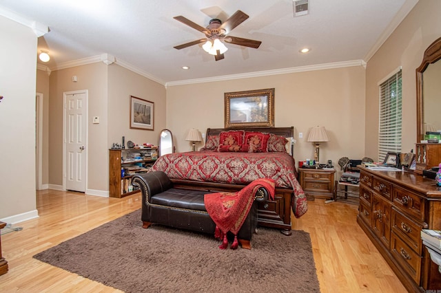 373 S Brandon, Fordyce, AR 71742 - bedroom with recessed lighting, ceiling fan, light wood-type flooring, visible vents, and ornamental molding