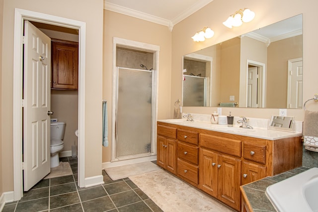 373 S Brandon, Fordyce, AR 71742 - bathroom featuring crown molding, tile patterned flooring, a sink, and a shower stall