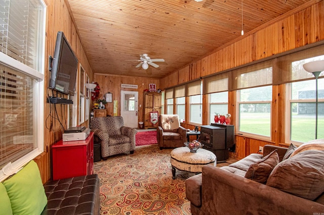 373 S Brandon, Fordyce, AR 71742 - living room with ceiling fan, wood walls, and wood ceiling