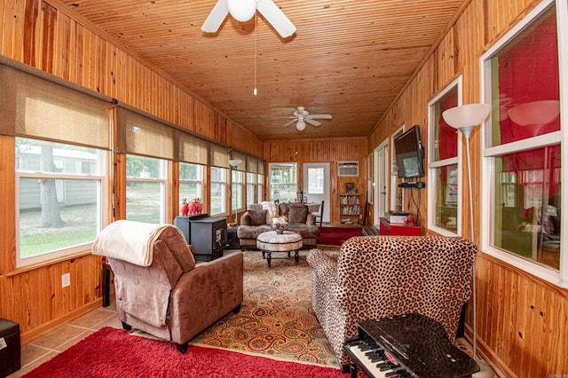 373 S Brandon, Fordyce, AR 71742 - living room with tile patterned flooring, ceiling fan, and wood walls
