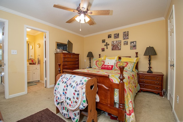 373 S Brandon, Fordyce, AR 71742 - bedroom with ceiling fan, light carpet, baseboards, ornamental molding, and ensuite bathroom