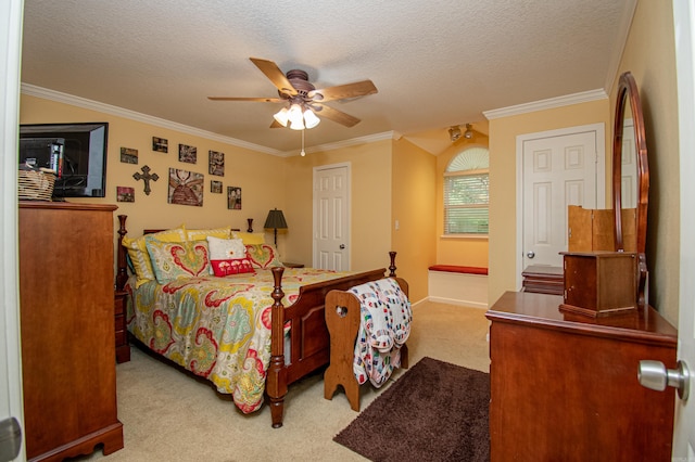 373 S Brandon, Fordyce, AR 71742 - carpeted bedroom featuring ceiling fan, a textured ceiling, and crown molding