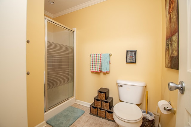 373 S Brandon, Fordyce, AR 71742 - full bath with a shower stall, crown molding, baseboards, toilet, and tile patterned floors