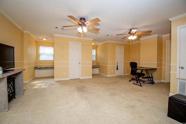 373 S Brandon, Fordyce, AR 71742 - home office featuring ceiling fan, crown molding, and carpet floors