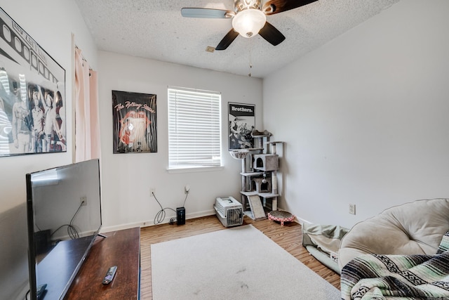 interior space featuring ceiling fan, light hardwood / wood-style flooring, and a textured ceiling