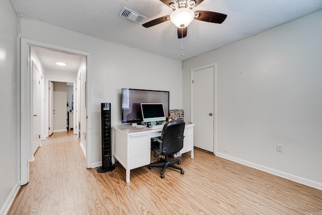 office space featuring a textured ceiling, ceiling fan, and light hardwood / wood-style floors