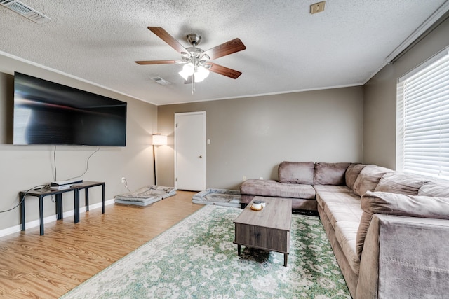 living room featuring ceiling fan, light wood-type flooring, a textured ceiling, and ornamental molding