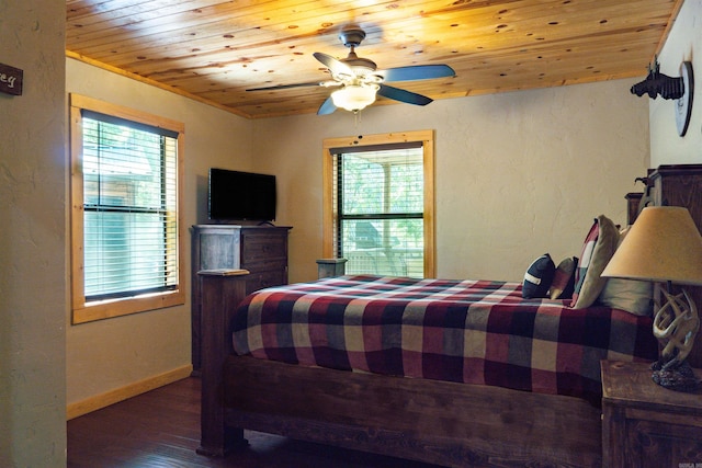 bedroom with ceiling fan, multiple windows, dark hardwood / wood-style floors, and wooden ceiling