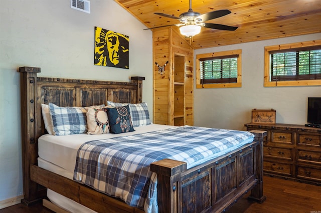 bedroom featuring ceiling fan, vaulted ceiling, dark hardwood / wood-style flooring, and wood ceiling