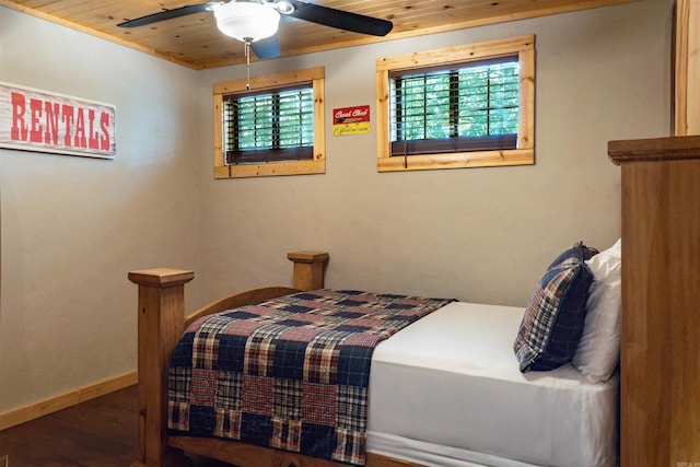 bedroom featuring ceiling fan, hardwood / wood-style flooring, and wooden ceiling