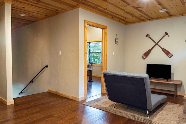 office area with hardwood / wood-style floors and wood ceiling