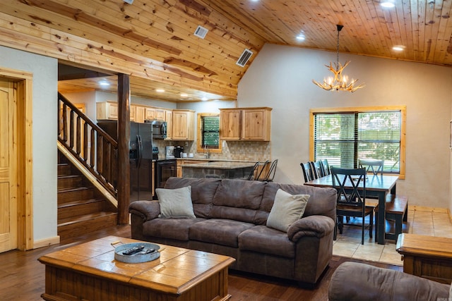 living room with wood ceiling, hardwood / wood-style floors, sink, lofted ceiling with beams, and a chandelier