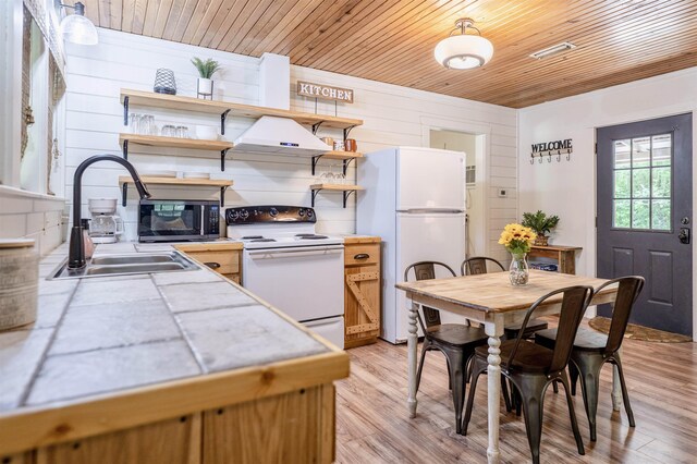 kitchen featuring wood ceiling, white appliances, light hardwood / wood-style floors, and custom exhaust hood