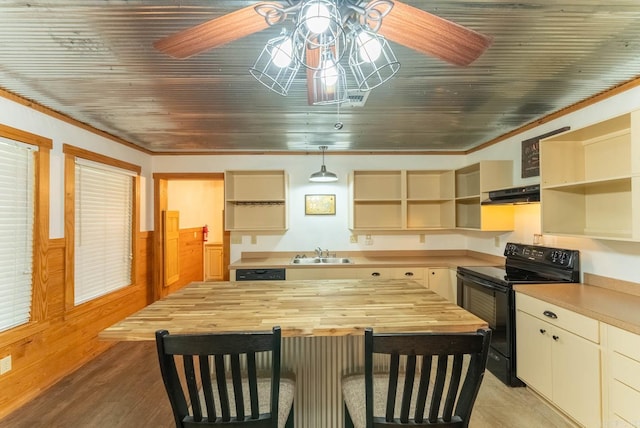 kitchen featuring sink, wood counters, black range with electric cooktop, ceiling fan, and wood ceiling