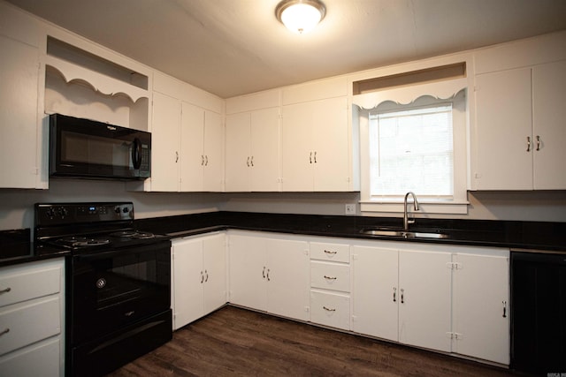 kitchen featuring black appliances, dark hardwood / wood-style flooring, white cabinets, and sink