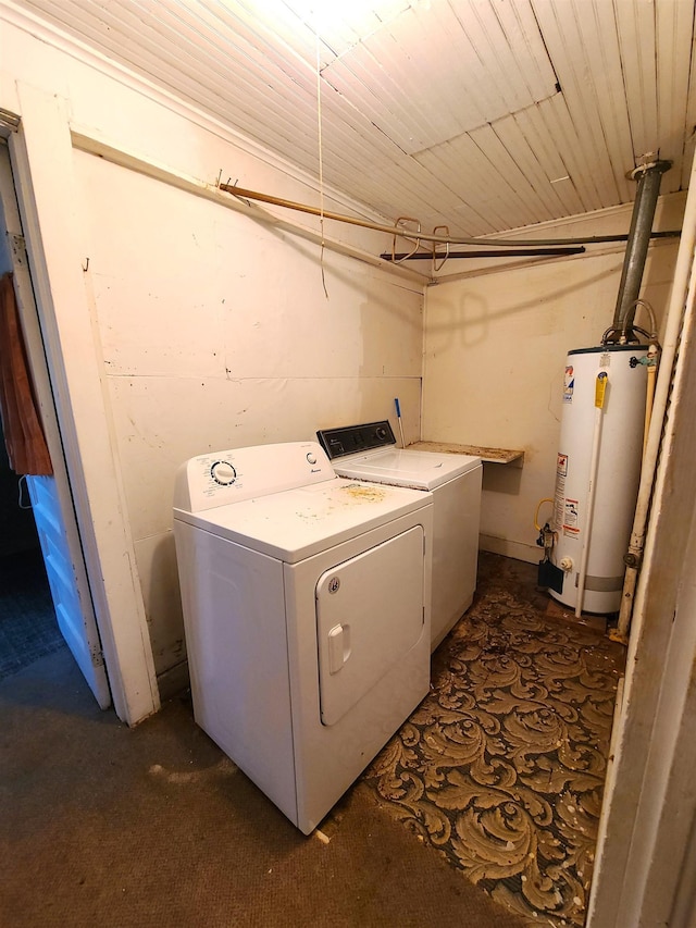187 N Monroe St, Piggott, AR 72454 - clothes washing area with wood ceiling, gas water heater, and washer and dryer