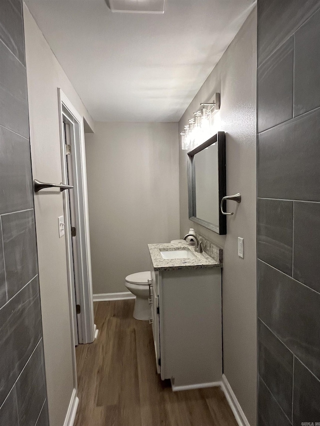 bathroom with wood-type flooring, toilet, and vanity