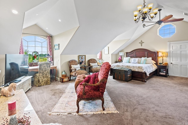 carpeted bedroom featuring a chandelier, multiple windows, vaulted ceiling, and visible vents