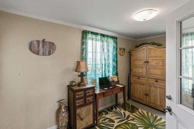 office featuring crown molding and baseboards