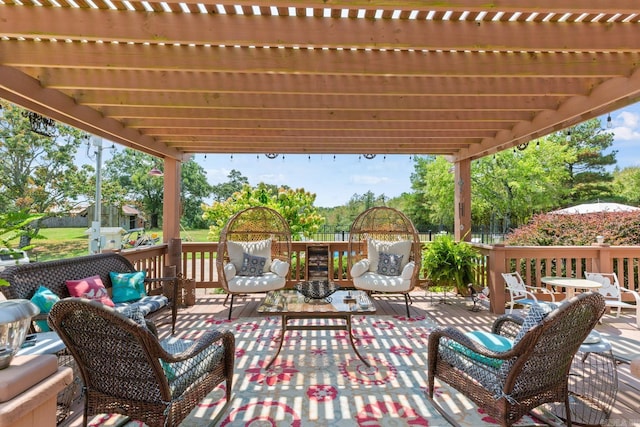 wooden terrace with an outdoor living space and a pergola