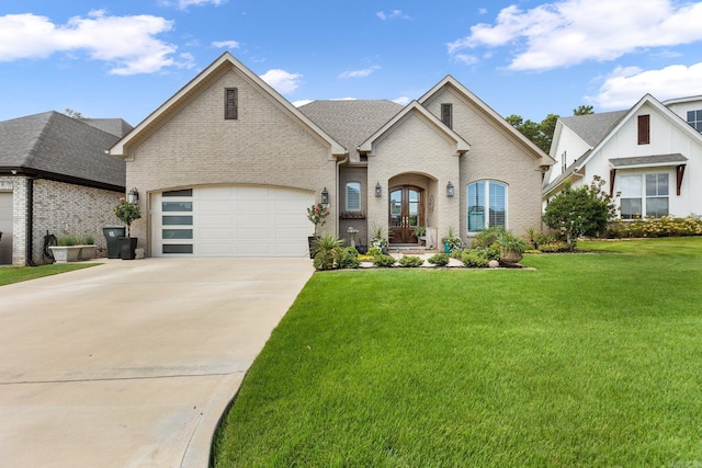 french country style house featuring french doors, a front yard, and a garage