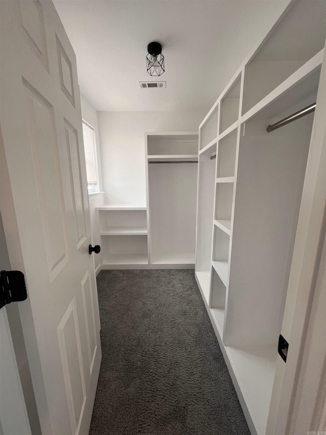 walk in closet featuring dark colored carpet