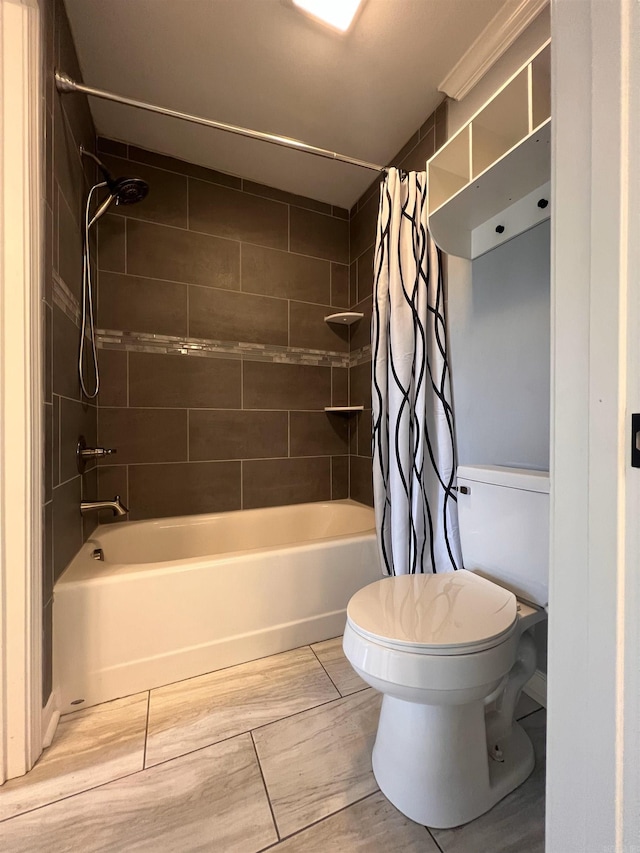 bathroom with tile patterned flooring, toilet, and shower / tub combo with curtain