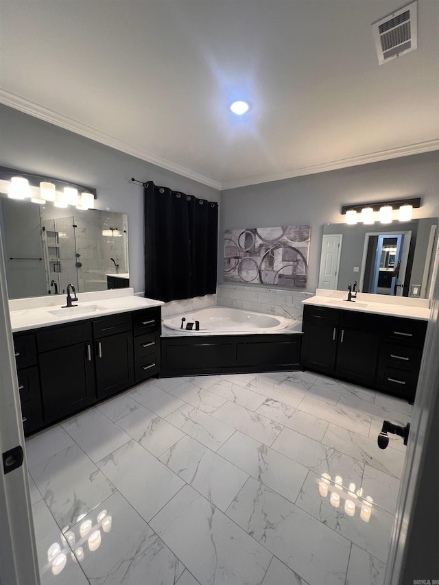 bathroom with a bathing tub, ornamental molding, dual bowl vanity, and tile patterned floors