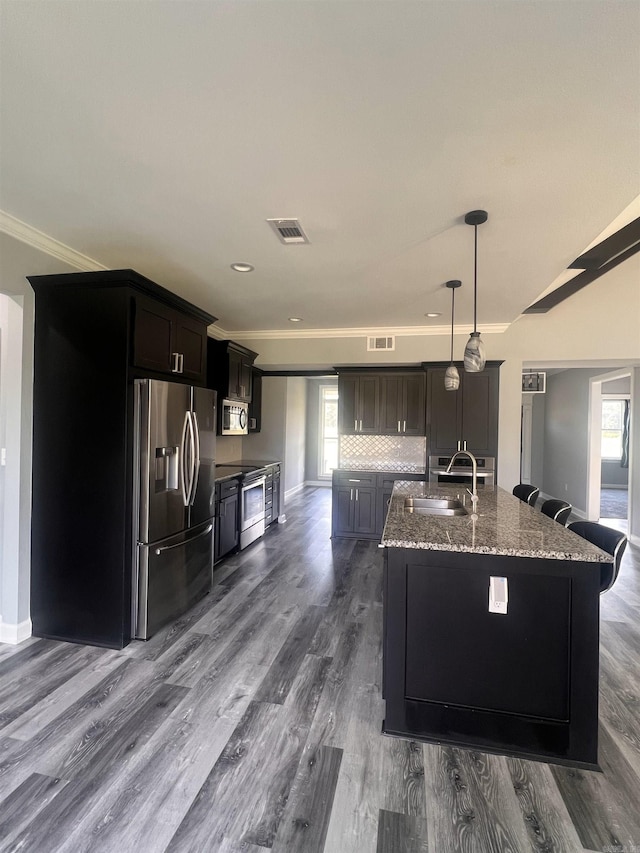 kitchen with sink, stainless steel appliances, hardwood / wood-style floors, and plenty of natural light