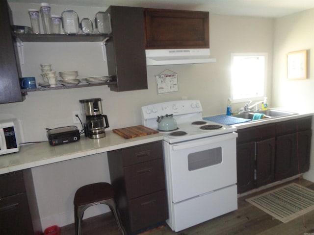 kitchen with sink, white appliances, dark wood-type flooring, and dark brown cabinets