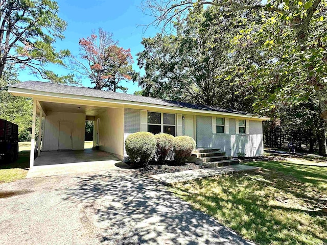 single story home featuring a front yard and a carport