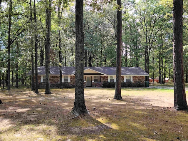 single story home with brick siding and a forest view