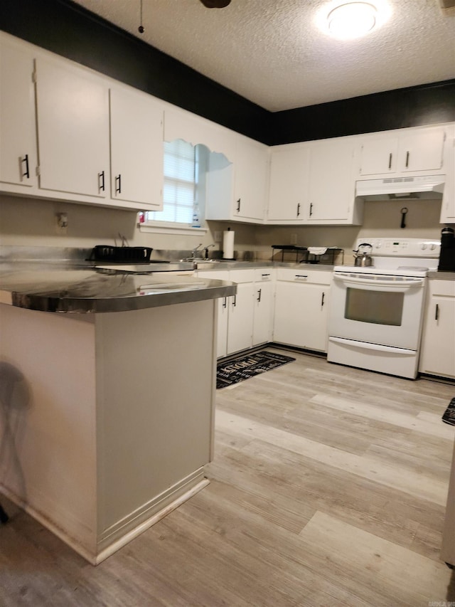 kitchen featuring a textured ceiling, under cabinet range hood, white electric range, light wood-style floors, and white cabinets