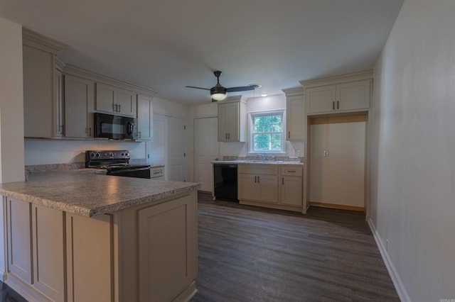 kitchen featuring ceiling fan, dark wood-type flooring, sink, kitchen peninsula, and black appliances