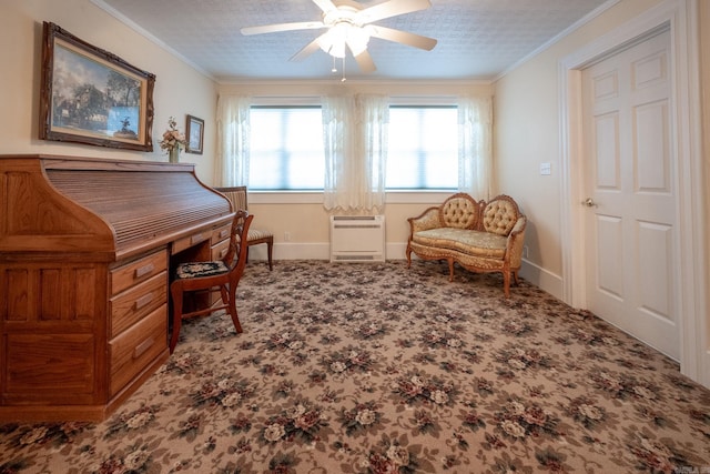 office area with ceiling fan and ornamental molding