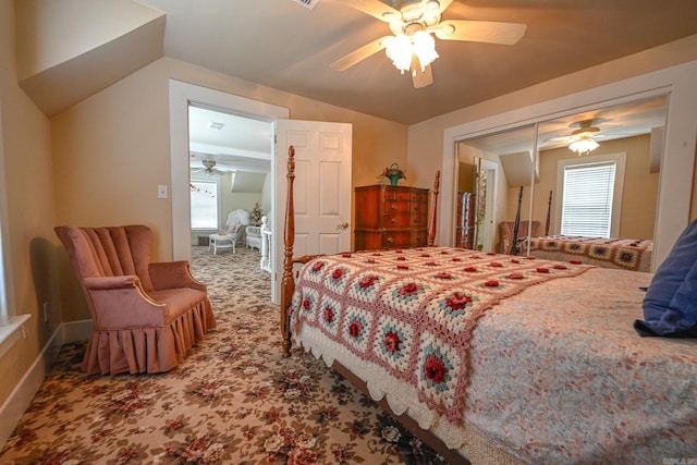 bedroom featuring carpet floors, ceiling fan, and a closet