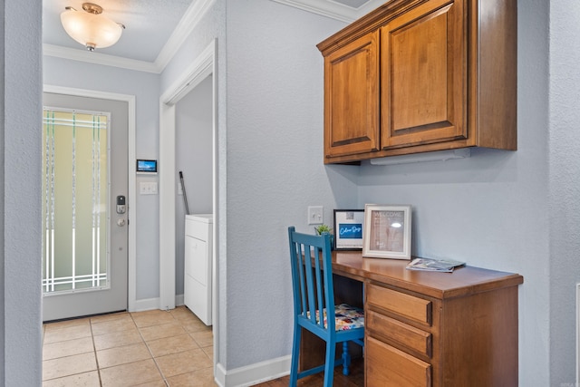 home office with washer / clothes dryer, light tile patterned flooring, and ornamental molding