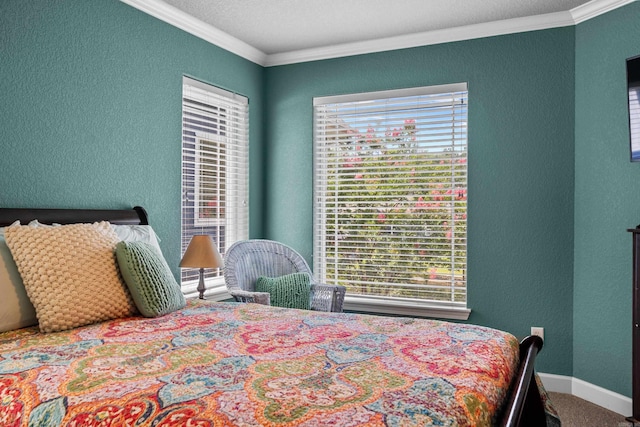 bedroom with carpet flooring and crown molding