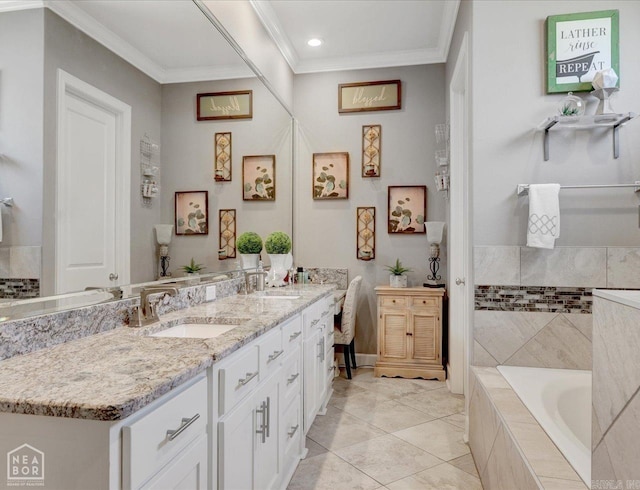 bathroom featuring tile patterned floors, crown molding, a relaxing tiled tub, and dual bowl vanity